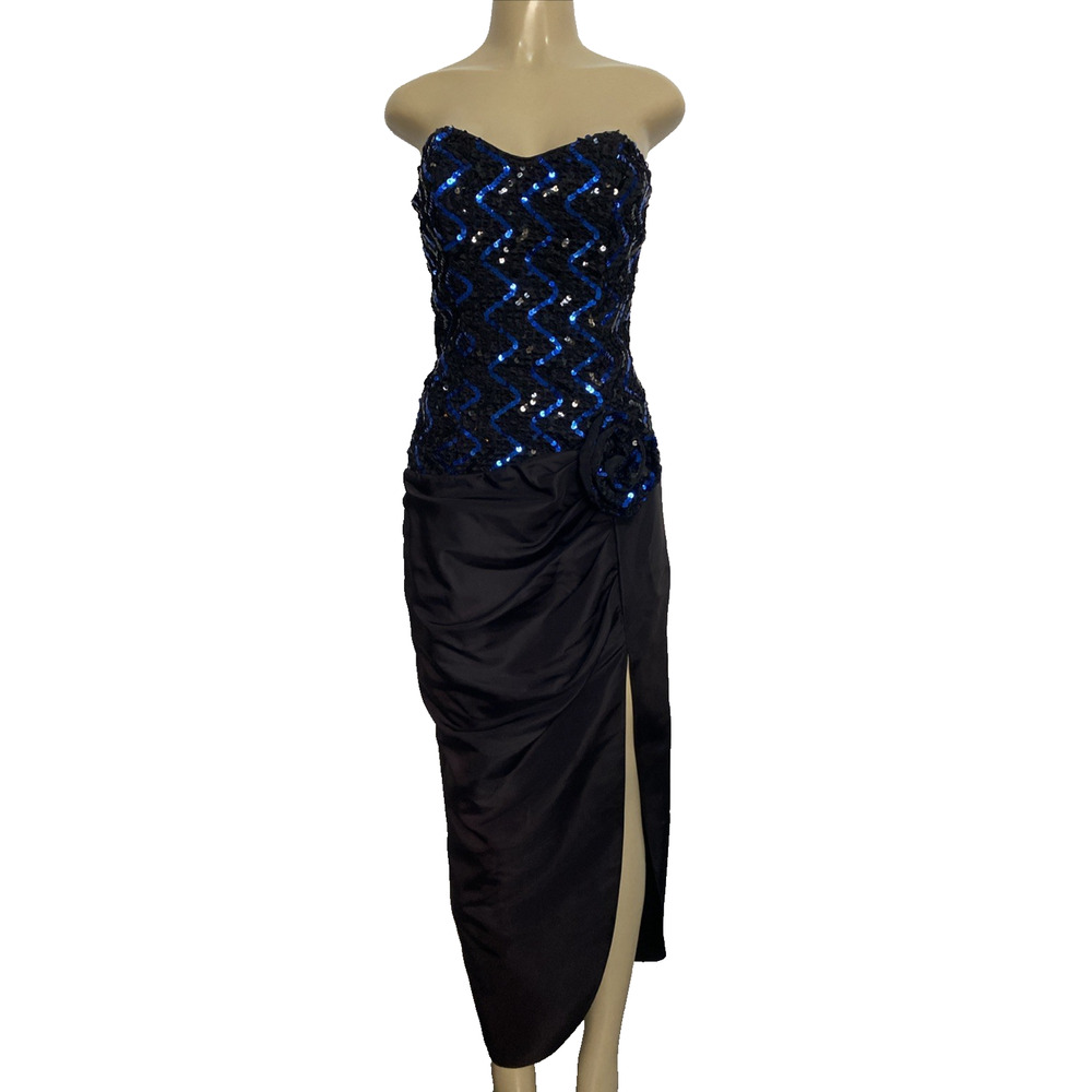 Jessica McClintock Gunne Sax Black Strapless Rosette Taffeta Maxi Dress M